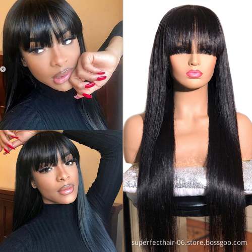 Wholesale  Cheap Raw Indian Hair Straight Full Machine Made Wig With Bangs Natural Color No Lace Human Hair Wigs For Women